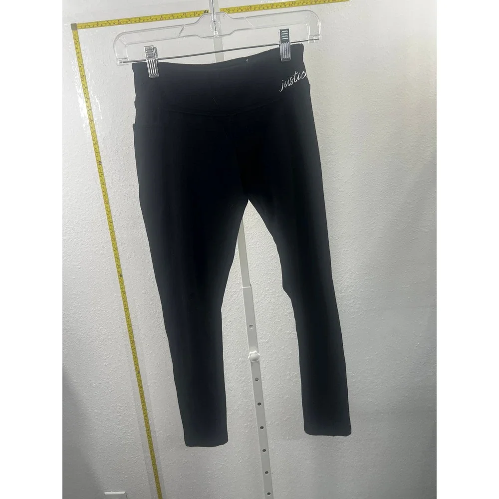 Justice Girls Black High Waisted Leggings Silver Script Logo Size 12 Activewear